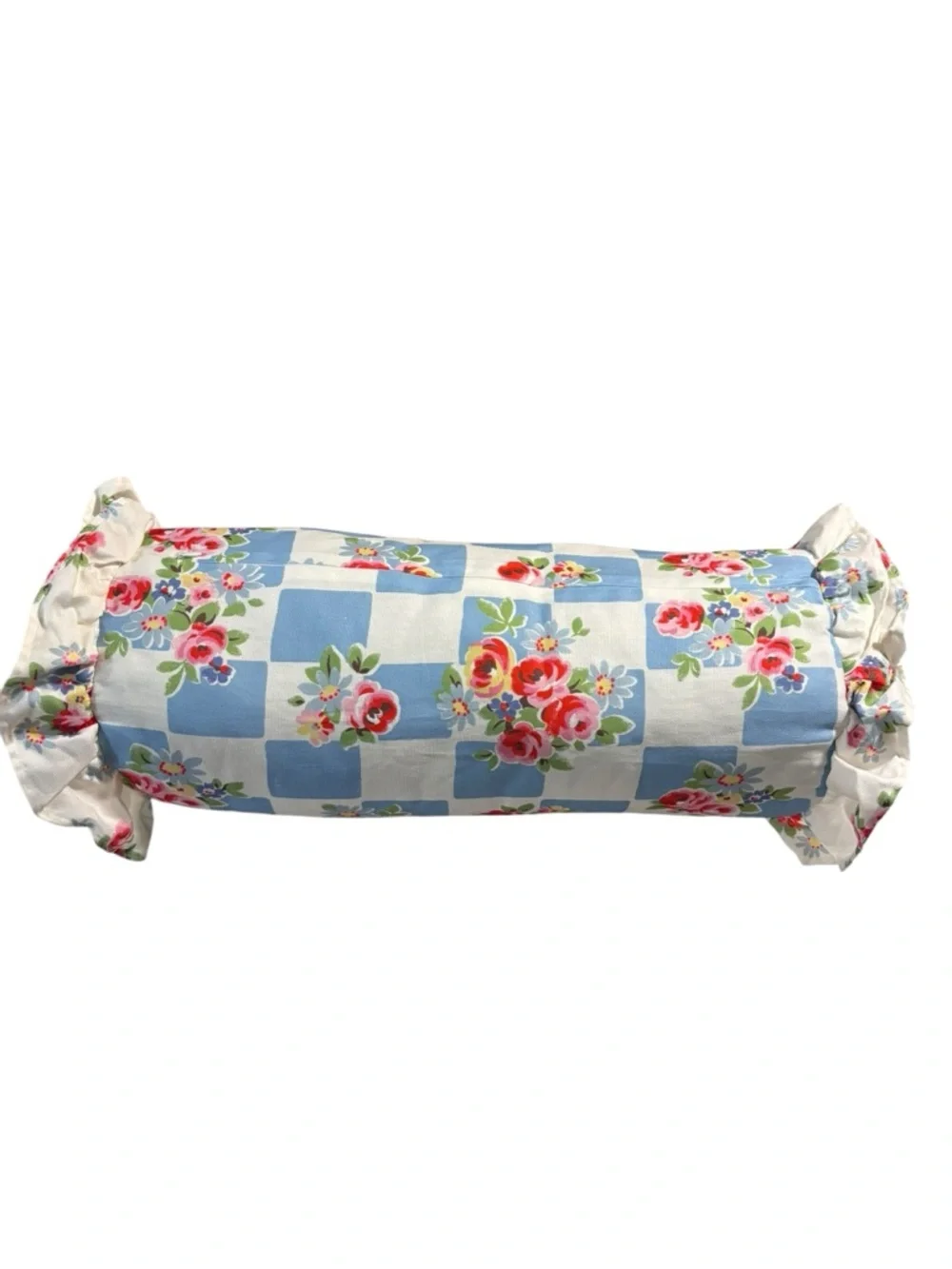 Cath Kidston NWT DAISY ROSE CHECK RUFFLE BLUE bolster pillow 8”x 20” - Picture 3 of 8